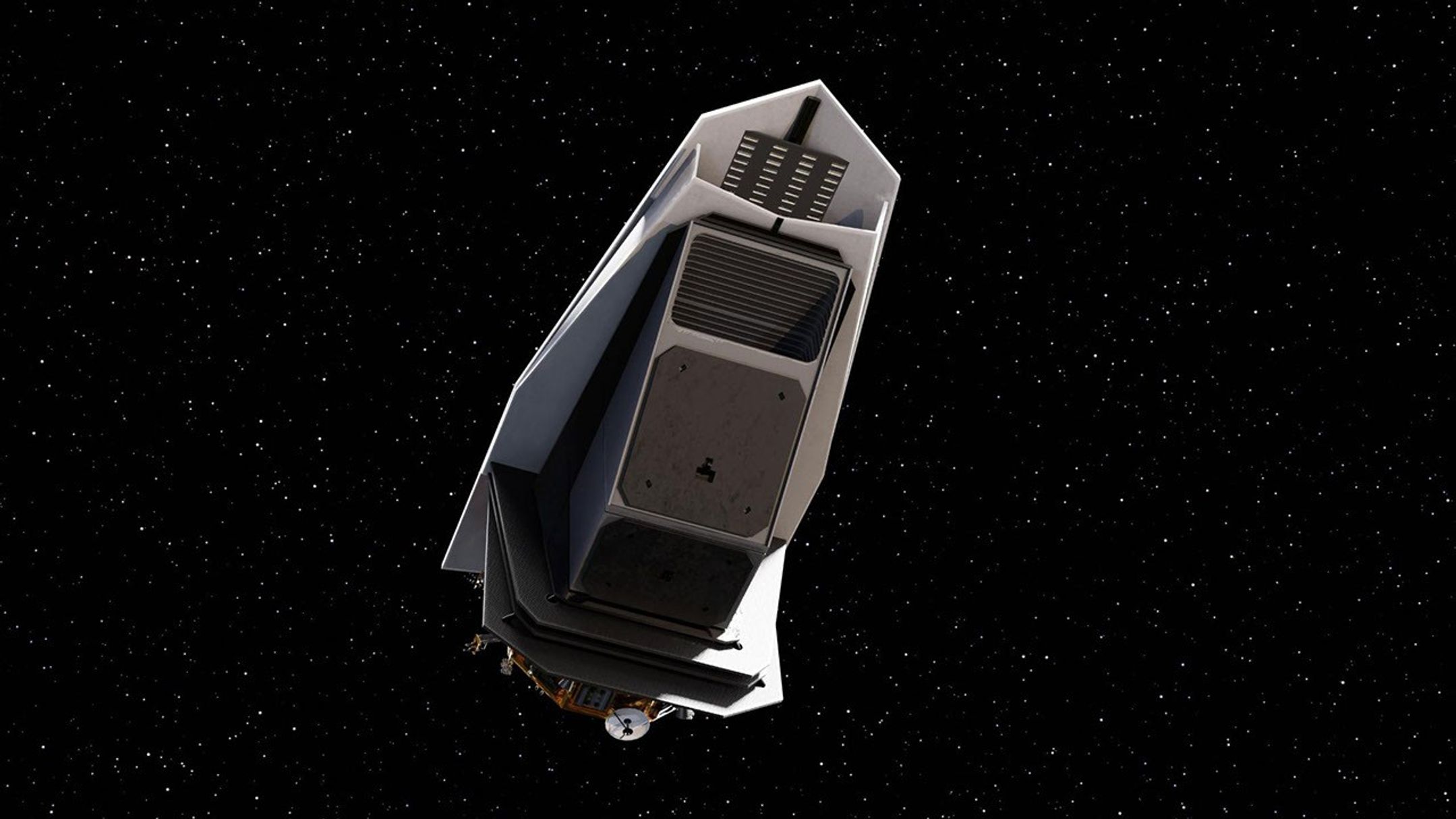 A silver, wedge-shaped spacecraft with a black telescope on the front, hovers against the darkness of space.