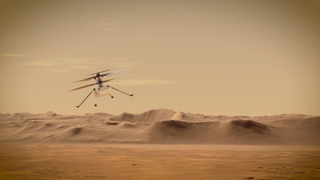 An artist's concept of NASA's Ingenuity Mars Helicopter flying through the Red Planet's skies.