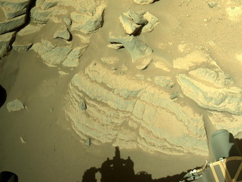 Image of the Brac rock target located in front of the Perseverance rover. This rock caught our eye for the series of stacked layers with variable thicknesses. Perseverance acquired this image on sol 248 using its onboard Left Navigation Camera (Navcam).